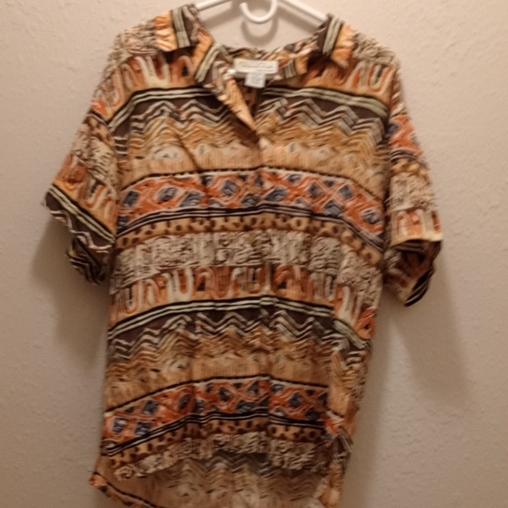 Oscar de la Renta 100% Silk Button‑Up Shirt –Tribal Geometric Print, Size Medium